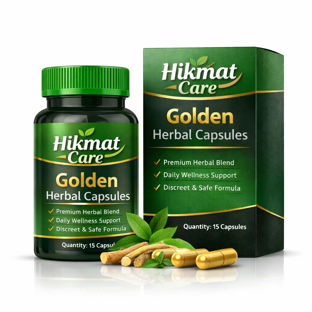 Hikmat Care Golden Herbal Capsules – Natural Energy, Stamina & Vitality Support for Men